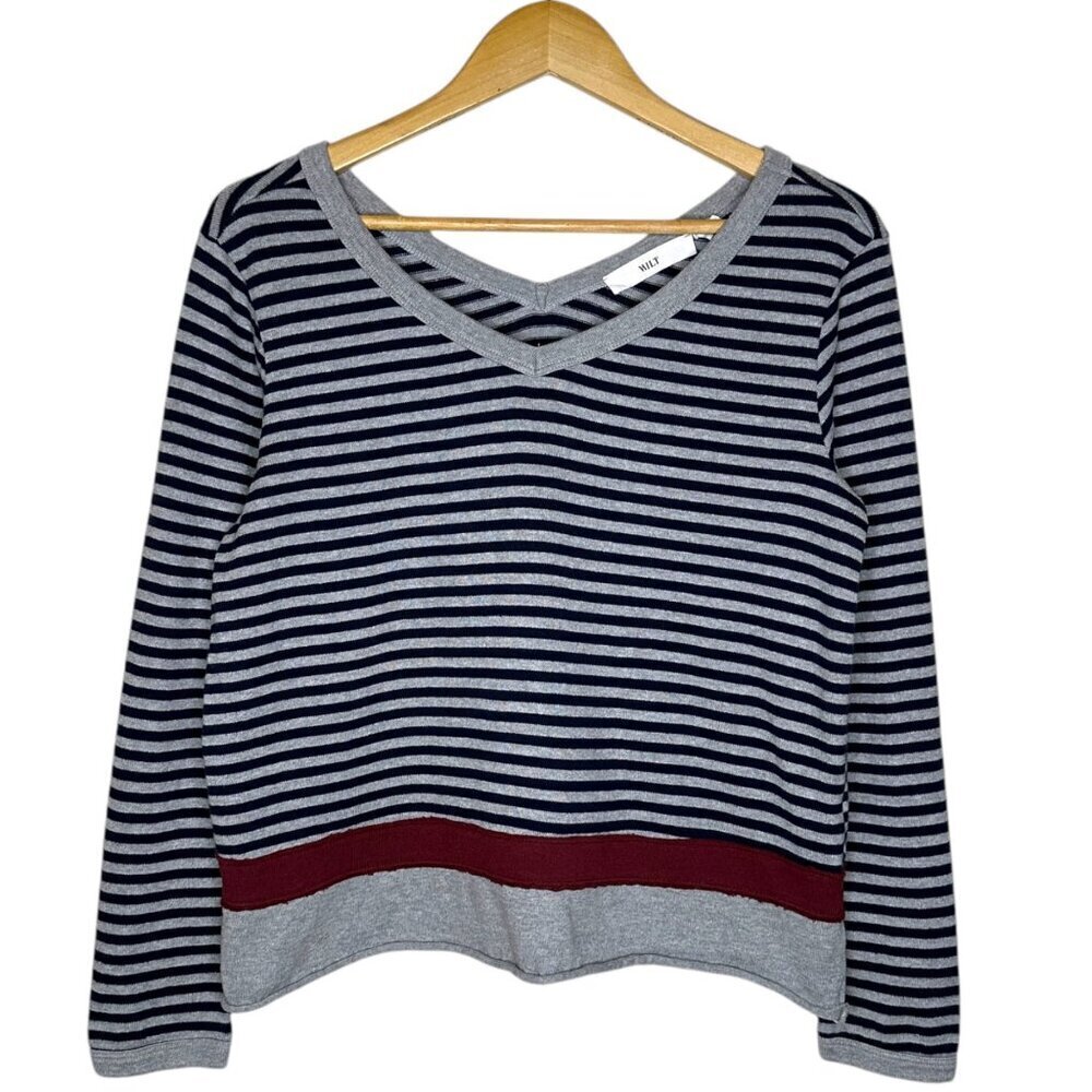 WILT Womens Double V Sweater Knit Jumper Size M Pullover Contrasting Stripe Gray